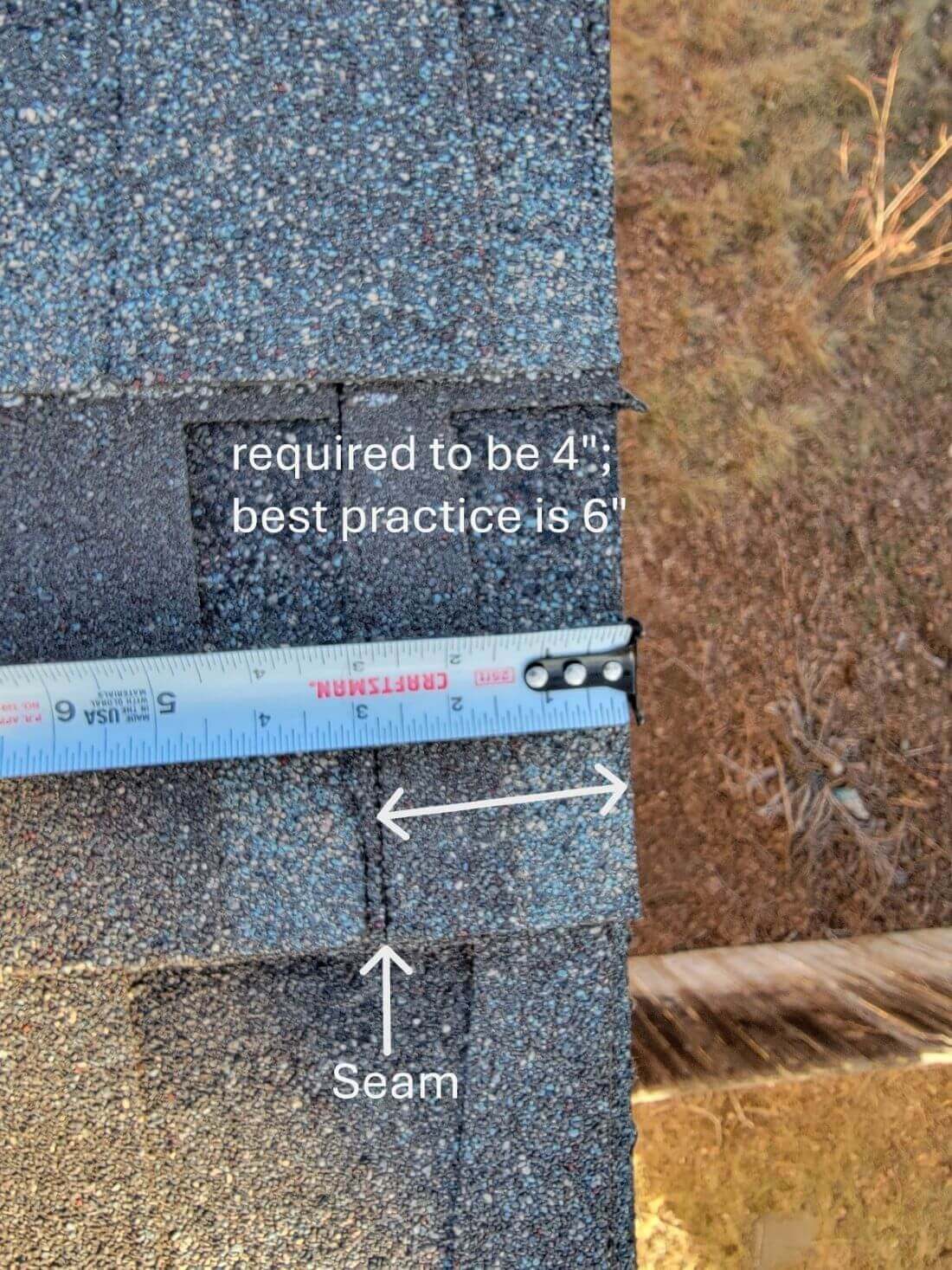 A tape measure showing a shingle cut to less than 4 inches wide at the rake edge.