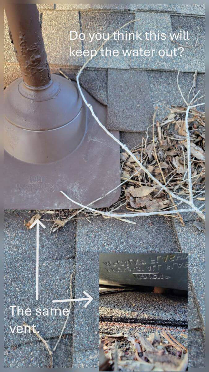 A leaky pipe boot with a gap visible underneath, allowing water entry.