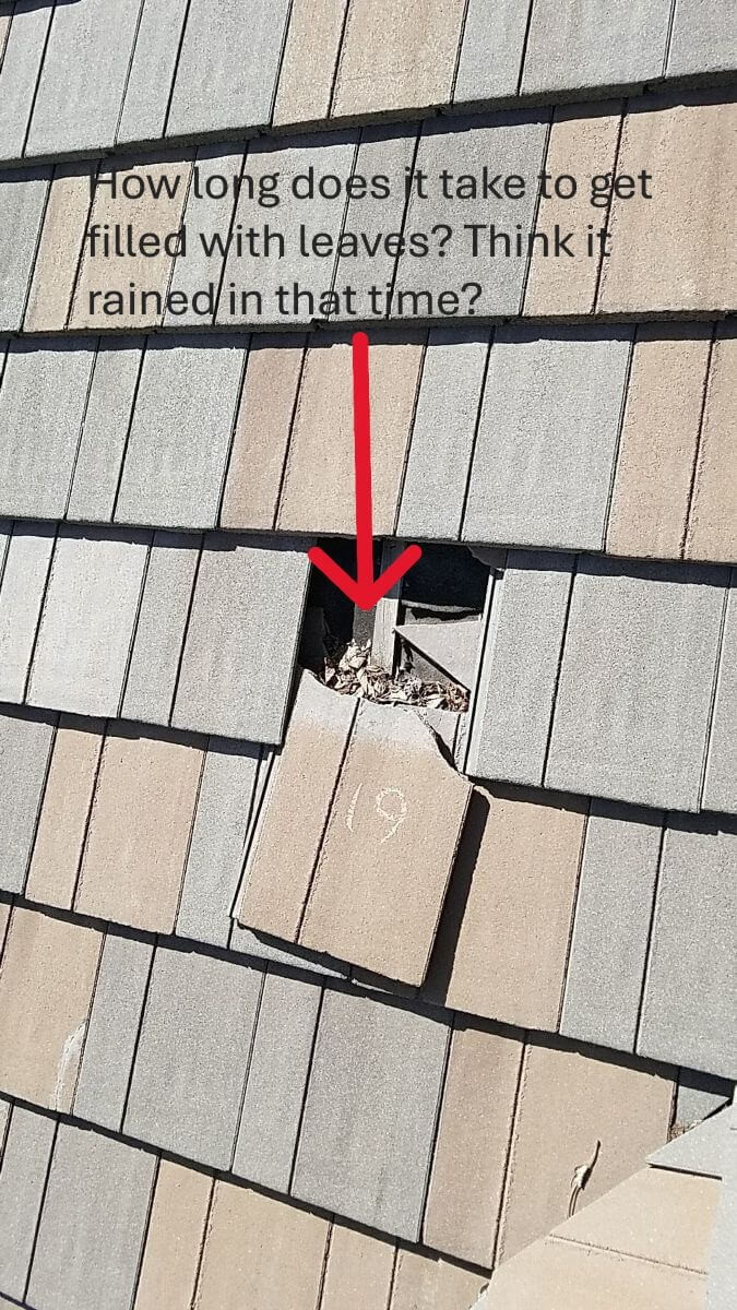 A single broken concrete tile with debris collecting in the hole.