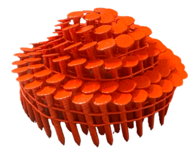 A coil of vibrant orange Lumanails used for securing shingles.